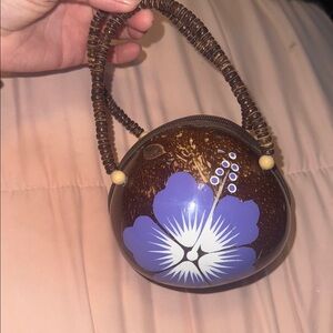 Handcrafted Coconut Shell Bag with Purple Floral Design